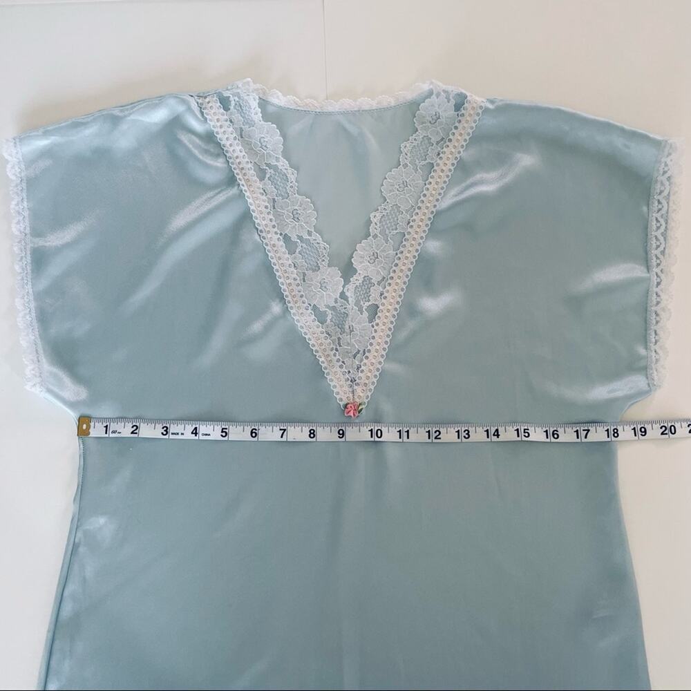 Vintage Nightgown Satin Sheer Lace  Light Blue Satin Slip Dress Silky Lingerie - Picture 11 of 16